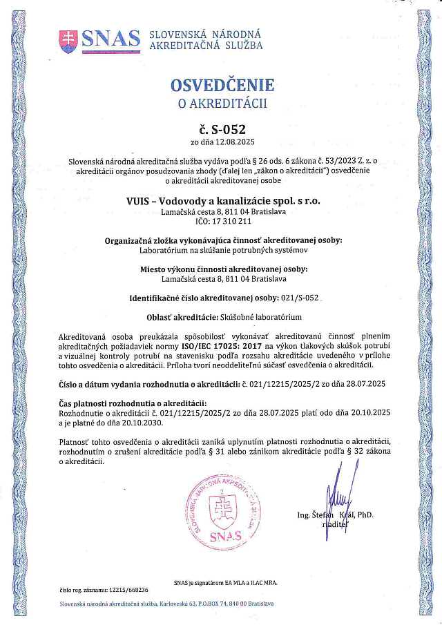 Akreditovan� sk��obn� laborat�rium na sk��anie potrubn�ch syst�mov �.: S 052